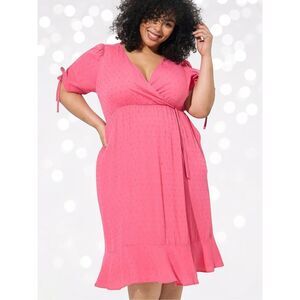 Torrid Pink Swiss Dot Midi Dress Size 2 2XL Surplice Wrap Tie Sleeve Pockets NWT